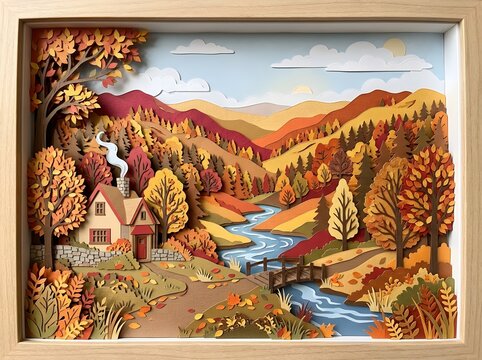 Peaceful autumn countryside scene with river and cottage