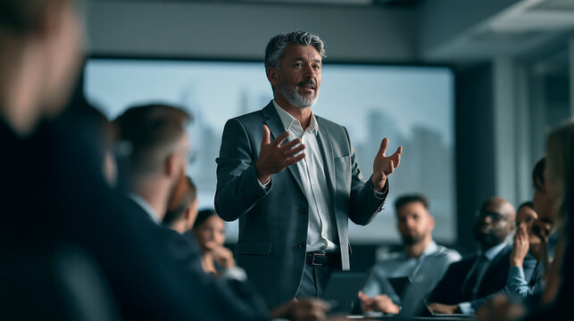 Mature businessman leading a business presentation, gesturing with hands while addressing diverse colleagues in a modern office meeting room