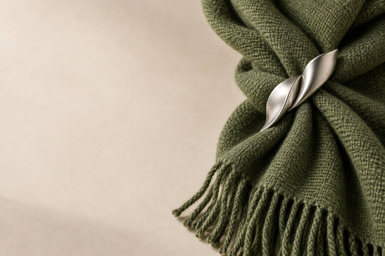 Sculptural silver brooch on moss green wool scarf with copy space