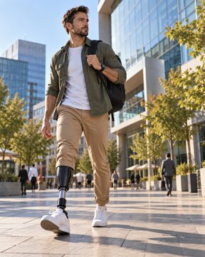 Confident young man with prosthetic leg walking through a modern business district with a backpack   