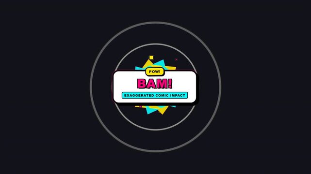 Comic book style animated motion graphic featuring the word BAM with popping colors and geometric shapes for dynamic screen transitions