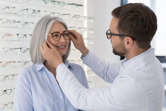 Optometrist fitting prescription eyeglasses for mature patient