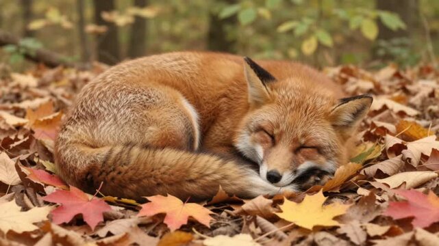 Peaceful Red Fox Sleeping Curled Up on Colorful Autumn Leaves in a Quiet Natural Woodland Forest