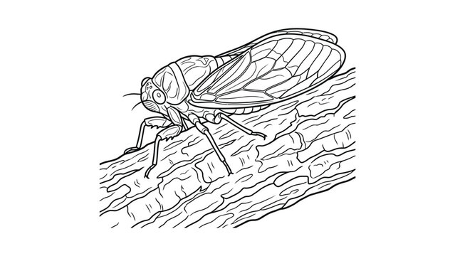 Detailed Line Drawing of a Cicada Insect Resting on a Textured Tree Branch, Black and White Vector Illustration