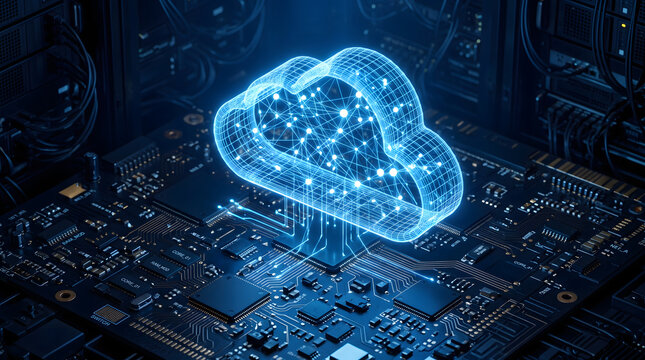Glowing blue 3D wireframe cloud computing graphic connected to a central processor chip on a computer motherboard inside a dark server room environment featuring electronic components and cables