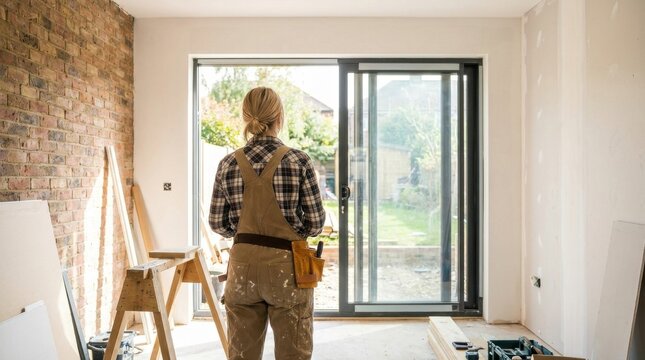Female carpenter standing in a room under renovation inspecting sliding doors wearing overalls and tool belt during home remodeling project