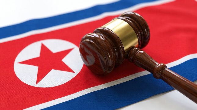 Close-up of wooden judge gavel with brass band lying on flag of North Korea with red star on white circle. Concept of North Korean justice, law and legal system
