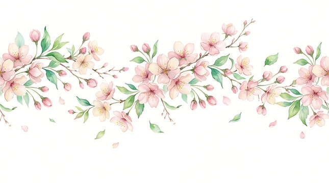 Watercolor cherry blossom branch border isolated on white background
