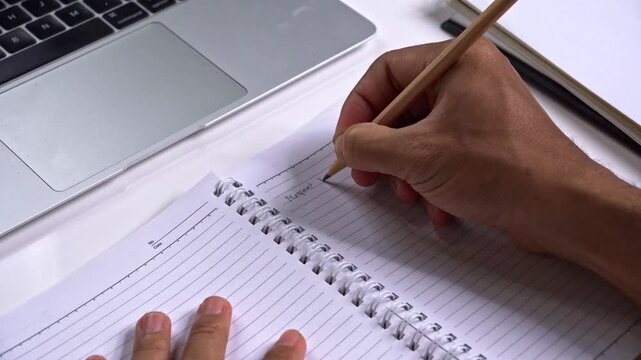 Student writing essay in spiral notebook at desk with laptop