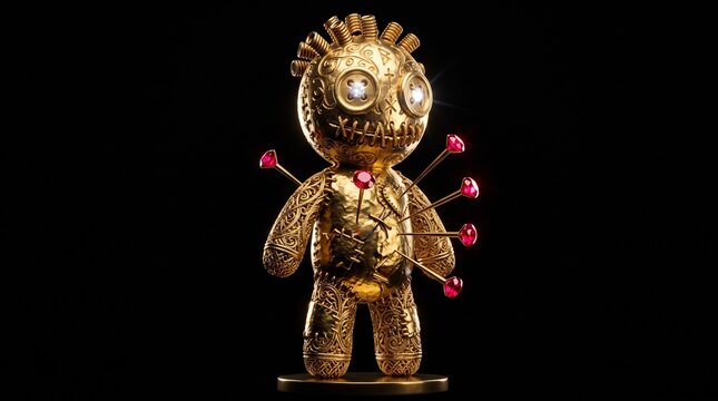 Minimalist Gold Voodoo Doll Monster with Carved Filigree and Diamond Eyes 3D Render