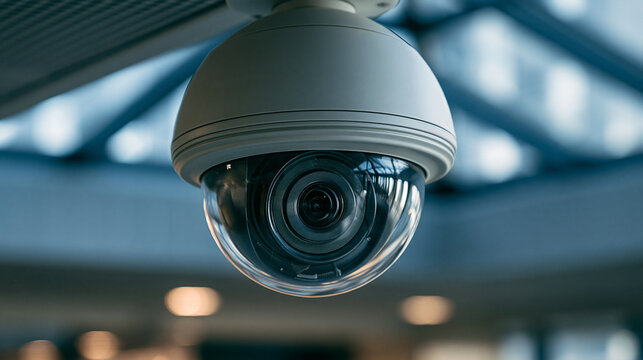 Modern dome security camera mounted on ceiling in bright office interior. Use for concepts of digital surveillance, data privacy, and workplace safety monitoring.