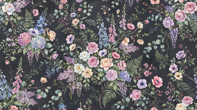 Floral pattern with watercolor flowers on dark background