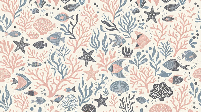 Seamless pattern with hand drawn coral reef and tropical fish
