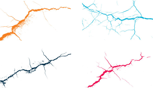 Vibrant abstract crack patterns in orange, blue, navy, and pink on a clean white background, texture