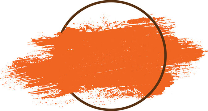 Bold orange paint splash texture with a dark brown circular frame and white negative space for copy brushstroke