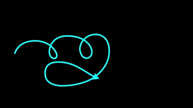 Tangled messy curved path line untangling into a clear forward direction arrow,Hand drawn curve arrow path animation isolated on black background.