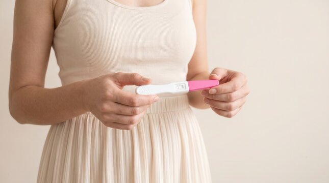 Cropped view of woman in beige ribbed tank top and pleated skirt holding pink and white pregnancy test against plain beige wall with copy space. Concept of pregnancy and fertility