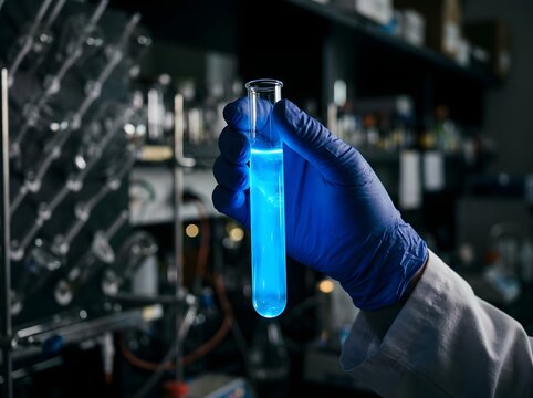 Scientist holding blue liquid in test tube
