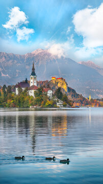 Remarkable sunset view of popular tourist destination Bled lake.