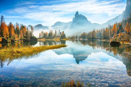 Remarkable View on Federa Lake early in the morning at autumn