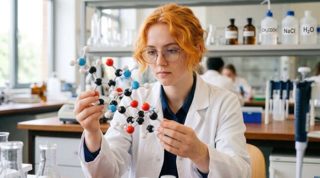 Caucasian redhead female scientist in glasses and white lab coat examining ball-and-stick molecular model in chemistry laboratory with reagent bottles. Concept of scientific research