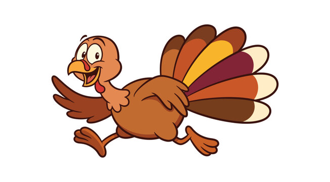 Happy cartoon turkey running with colorful feathers isolated on white background