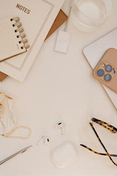 Modern Desk Essentials Framing A Blank Beige Background