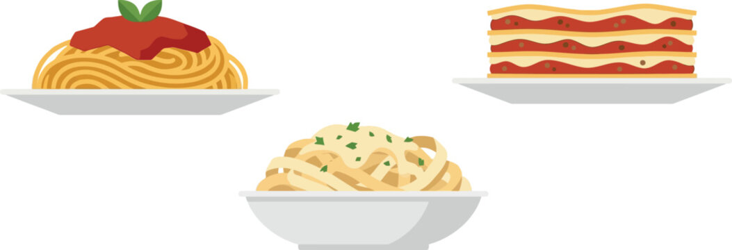 A clean and minimalist vector illustration featuring three distinct classic Italian pasta dishes served on white plates, including spaghetti, creamy fettuccine, and layered meat lasagna.