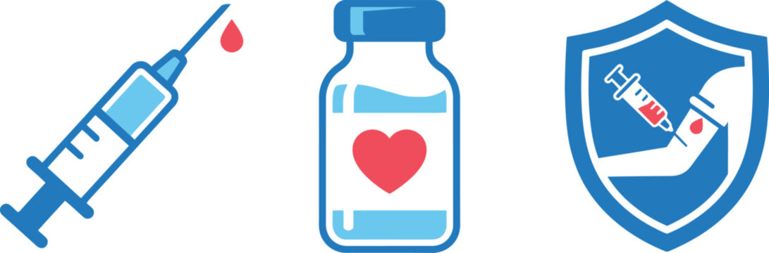 A clean set of flat vector medical icons featuring a syringe with a drop, a vaccine vial with a heart, and a protective shield symbol.