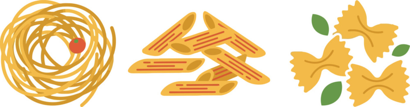 A flat vector illustration featuring three distinct types of Italian pasta including spaghetti nests with a tomato, penne tubes, and farfalle bow ties with basil.