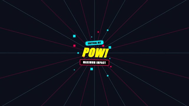Comic book style animated critical hit text effect with radiating neon lines and floating particles for high energy gaming intros