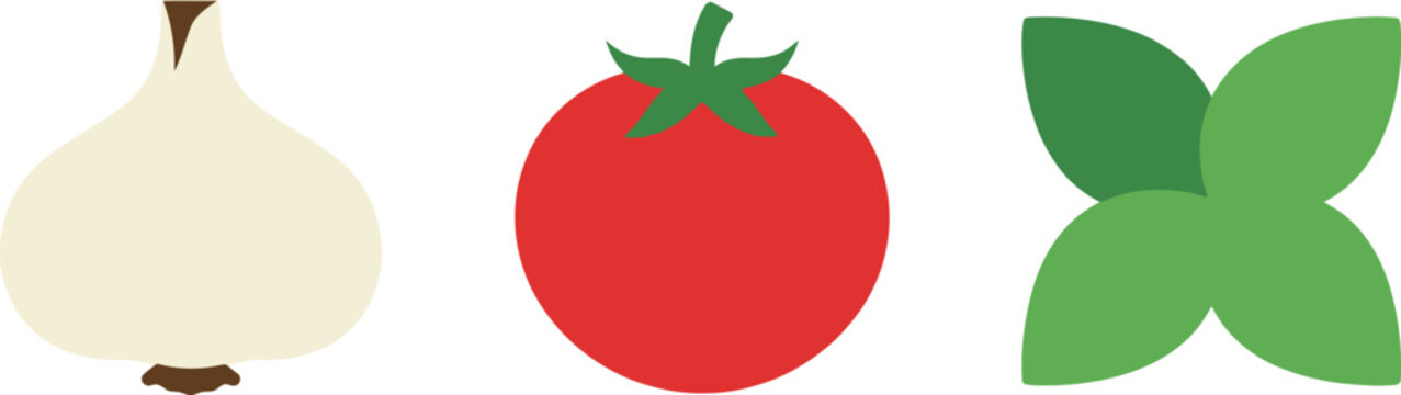 A minimalist and clean graphic illustration featuring three distinct icons representing fresh garlic, a vibrant red tomato, and a cluster of green basil leaves isolated