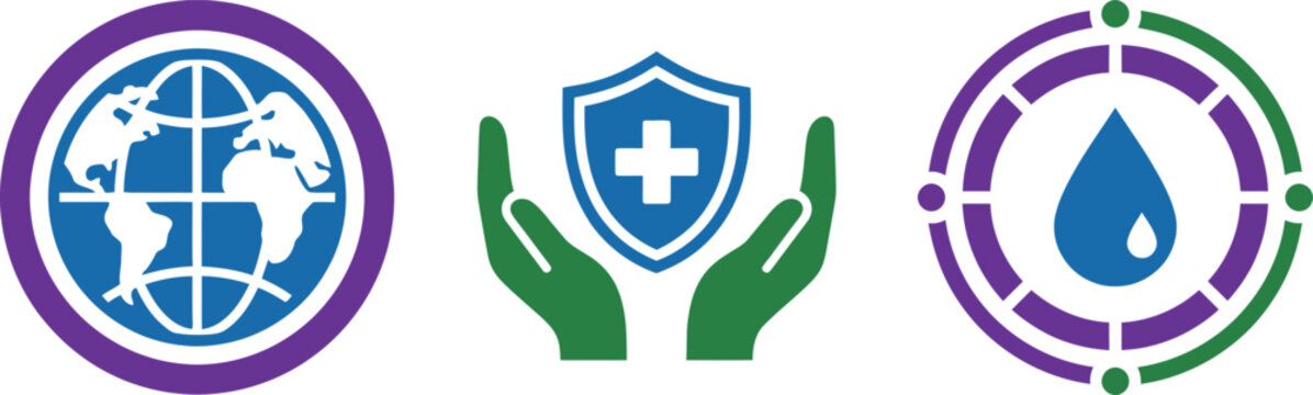 A set of three minimalist flat design icons representing global sustainability, healthcare protection with hands, and a water drop symbol within a circular frame structure.