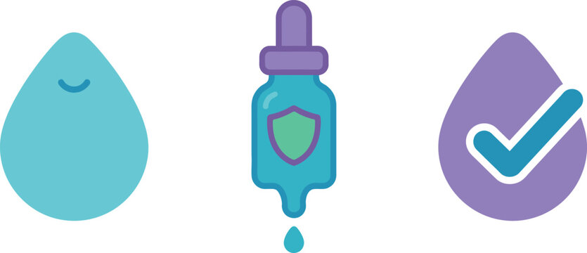 A set of three minimalist flat icons representing a smiling water drop, a protective serum dropper bottle, and a purple water drop with a checkmark