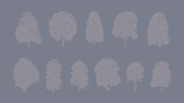 Stylized grey tree silhouettes with intricate textured foliage against a solid muted background