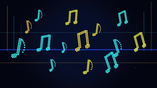 Seamless looping musical notation motion graphic with colorful floating dotted music notes on dark background 4K animation