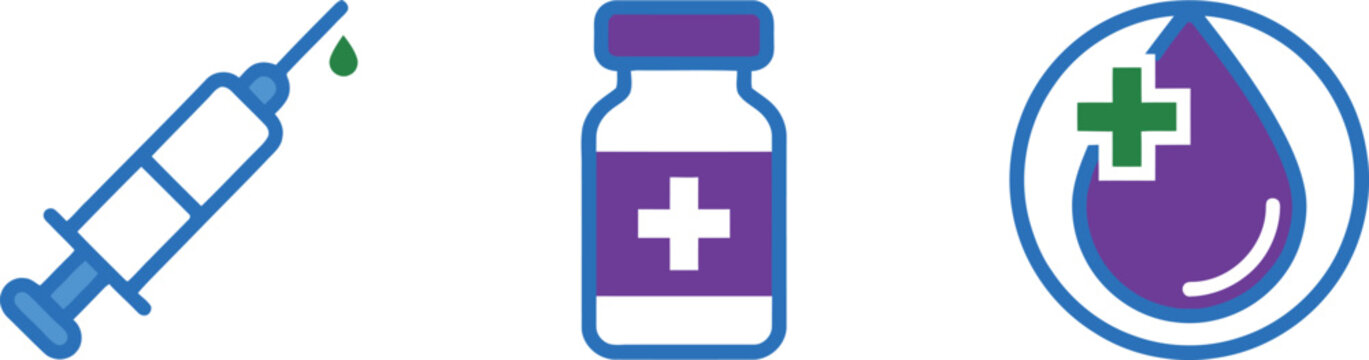 A set of three minimalist medical icons featuring a blue syringe with a droplet, a purple medicine vial with a cross, and a blood drop symbol.