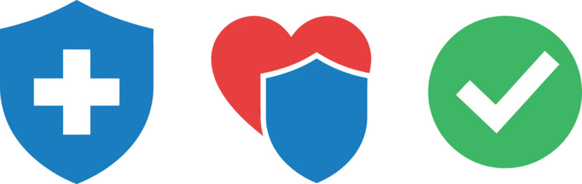 A set of three minimalist icons featuring a blue medical shield with a white cross, a red heart with a blue shield, and a green checkmark.