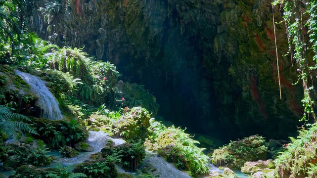 Lush Tropical Cave Entrance With Waterfall and Ferns Sunlight