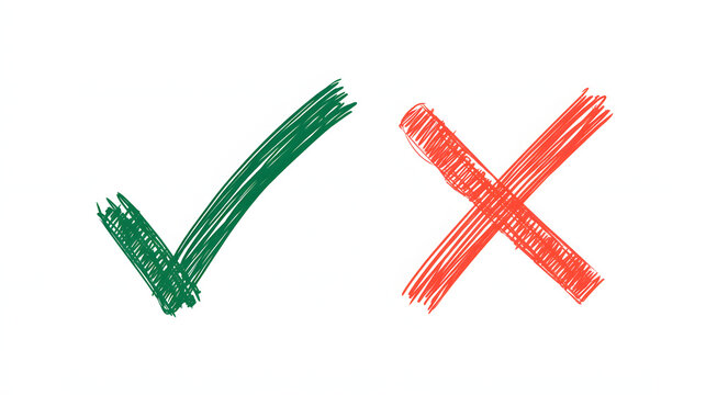 Hand drawn green checkmark and red cross symbols isolated on white background, sketch style tick and cross marks for correct and incorrect choice representation, decision making and test evaluation