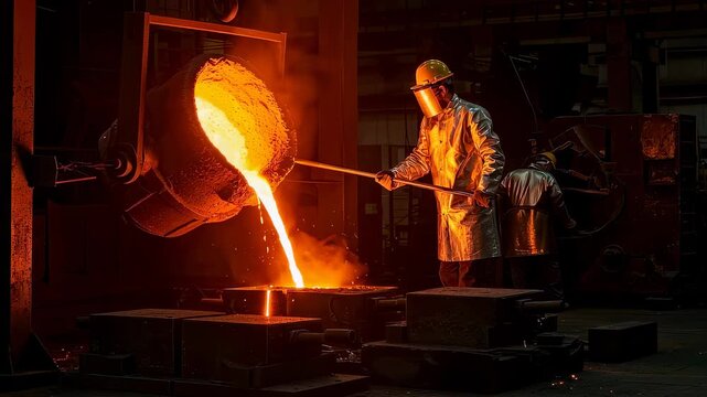 Metallurgist casting molten metal into mold in factory. Industrial foundry worker pouring liquid steel. Metallurgical process for heavy engineering manufacturing.