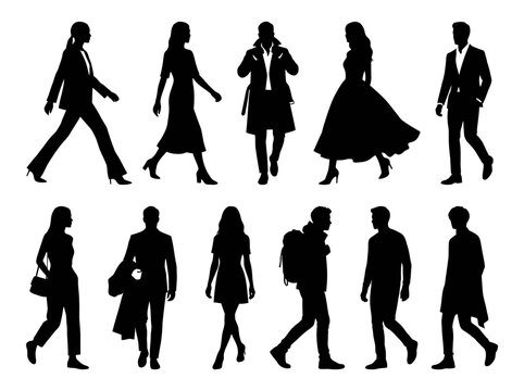 Set of diverse people silhouettes representing various fashion styles and walking poses in a professional and casual lifestyle collection