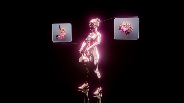 Conceptual 3D animation of a fit woman doing kettlebell exercise with benefits for the gut microbiome and brain