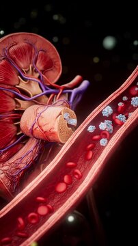 Conceptual 3D animation of a kidney releasing EPO into a blood vessel