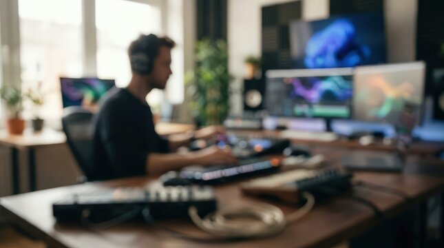 Music Producer working in modern home studio with multiple computer screens and audio equipment, focused on sound engineering, mixing, and digital audio workstation tasks. Creative professional