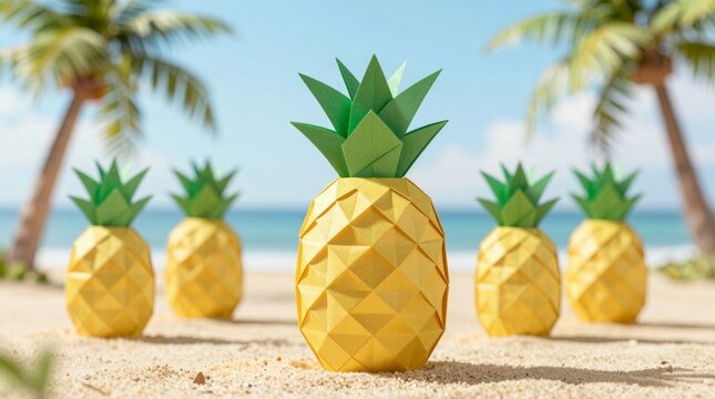 Five colorful paper pineapples stand on a sandy beach with palm trees in the background, evoking a playful summer scene and vibrant tropical vibes.