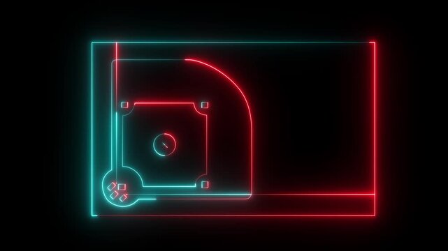 Animation glowing red and cyan calendar icon with neon date symbol and rounded interface frame on black background, futuristic digital scheduling and motion graphics animation video.