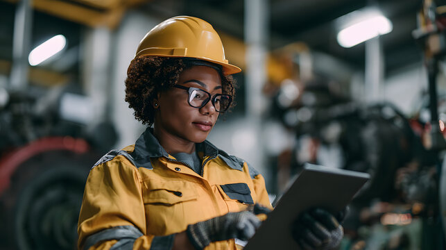 Industrial worker learning new digital skills for modern manufacturing factory environment using tablet computer technology expert safety gear professional woman career success future development trai