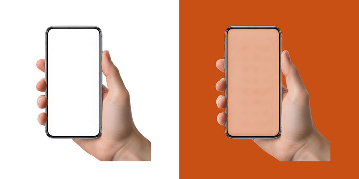 Hand holding blank smartphone mockup with split background transparent png