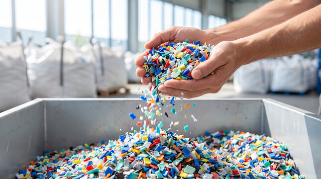 Worker hands pour colorful mixed plastic flakes into a metal bin at a recycling facility for material recovery